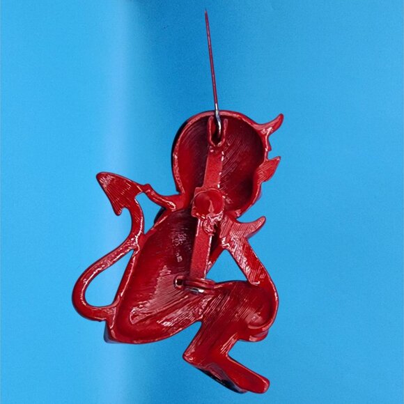 Vintage Red & Black Winking Devil Enamel Brooch MCM 50s Rare Red Black Version - Picture 8 of 10